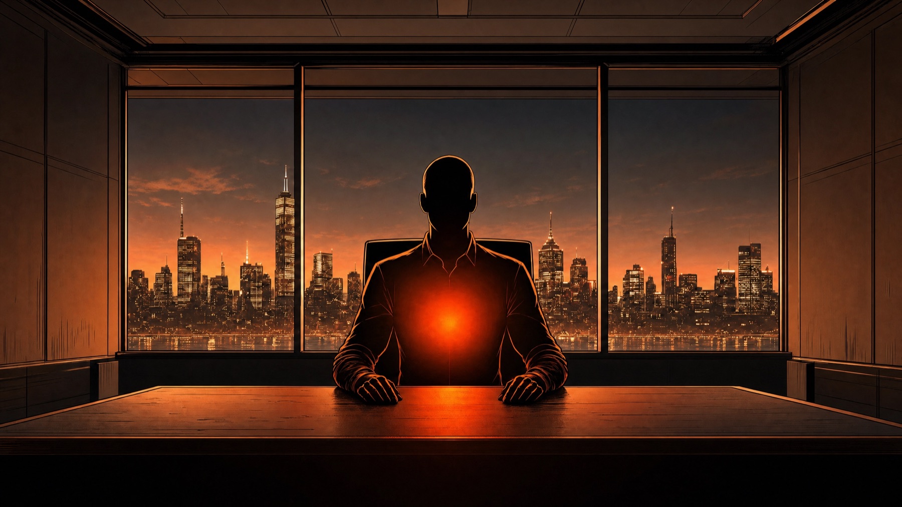 Eine ruhige Silhouette vor der Skyline bei Sonnenuntergang — innere Klarheit